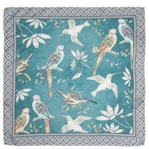 Banded Botanical Bird Print Silky Square Scarf 22"